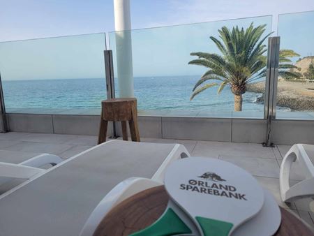 Bilde av palme hav og strandtennissett med Ørland Sparebank logo