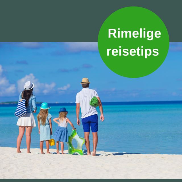 Bilde av familie på strand med blå himmel Tekst: Rimelige reisetips