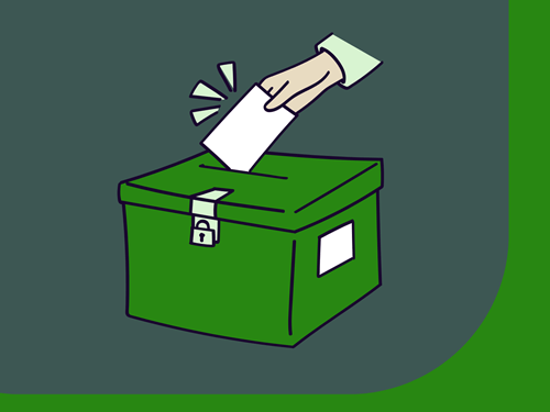 Hånd som slipper stemmeseddel i valgboks